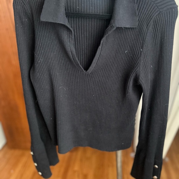 Maeve Black Long Sleeve Fitted Blouse with Polo Collar and Ribbed Style - Picture 1 of 5